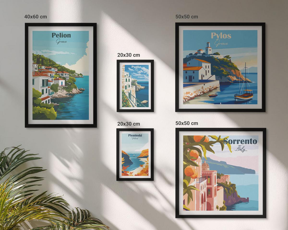BILDER SET 5er Set - 50x50 cm & 20x30 cm & 40x60 cm Schwarzer Rahmen - Farbenfrohe Illustrationen von Retro-Städten - Schwarz, Kunststoff (40/60cm) - TULUP