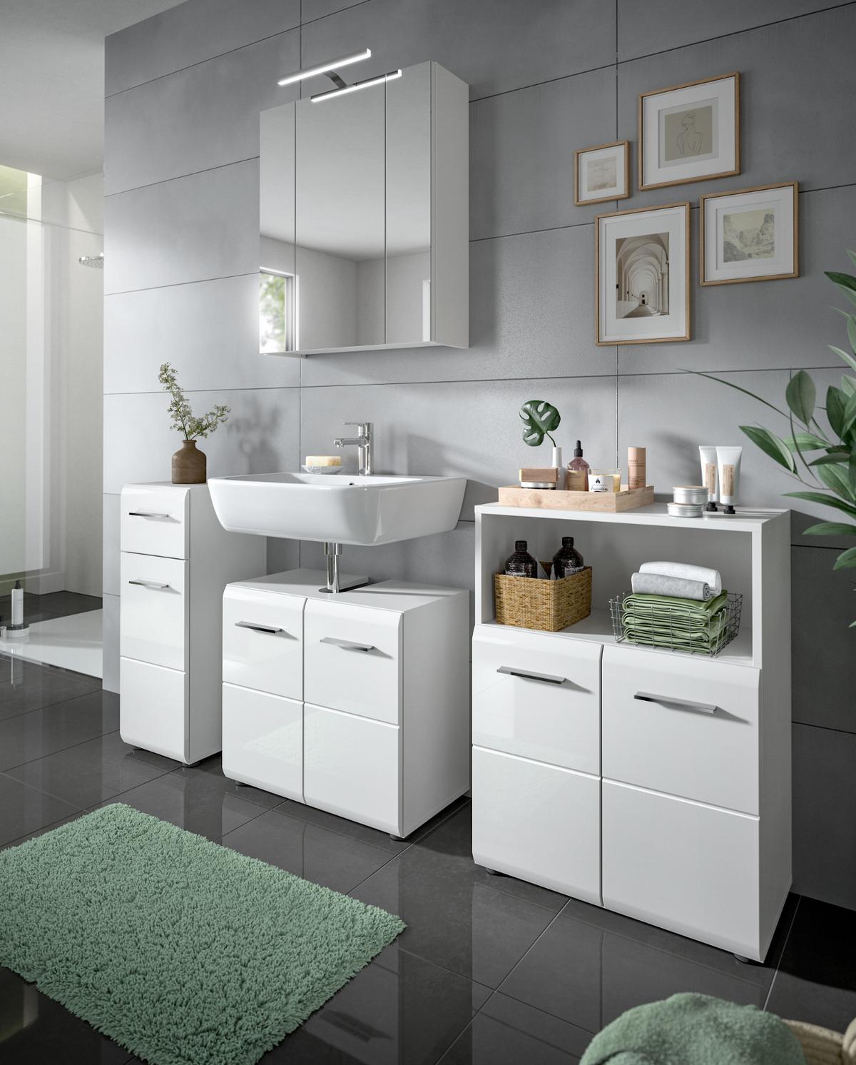BADKOMMODE weiß Hochglanz 4-türig 120 x 106 cm, Set 2x Badezimmer Kommode - Weiß Hochglanz/Silberfarben, Holzwerkstoff/Kunststoff (120/80/30cm) - Inn.Furn