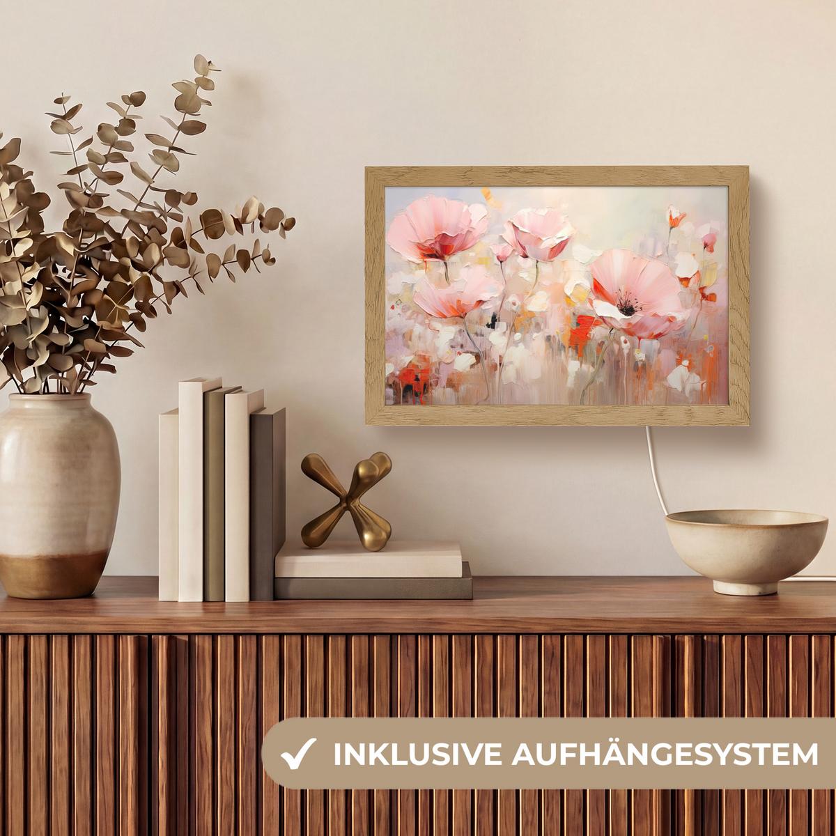 TISCHLEUCHTE Blumen - Aquarell - Rosa - Abstrakt - Kunst 30x20 cm - Anthrazit, Holzwerkstoff (8/30/20cm) - OnlyWow