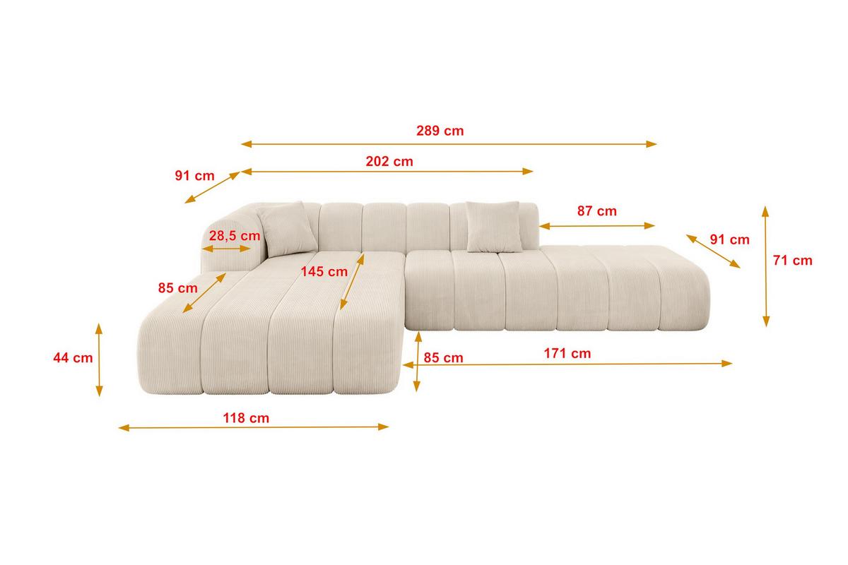 ECKSOFA Ottomane Links BILA-L 289x176x71 Beige Cord - Kaschmir/Beige, Holzwerkstoff/Kunststoff (176/289cm) - ALTDECOR