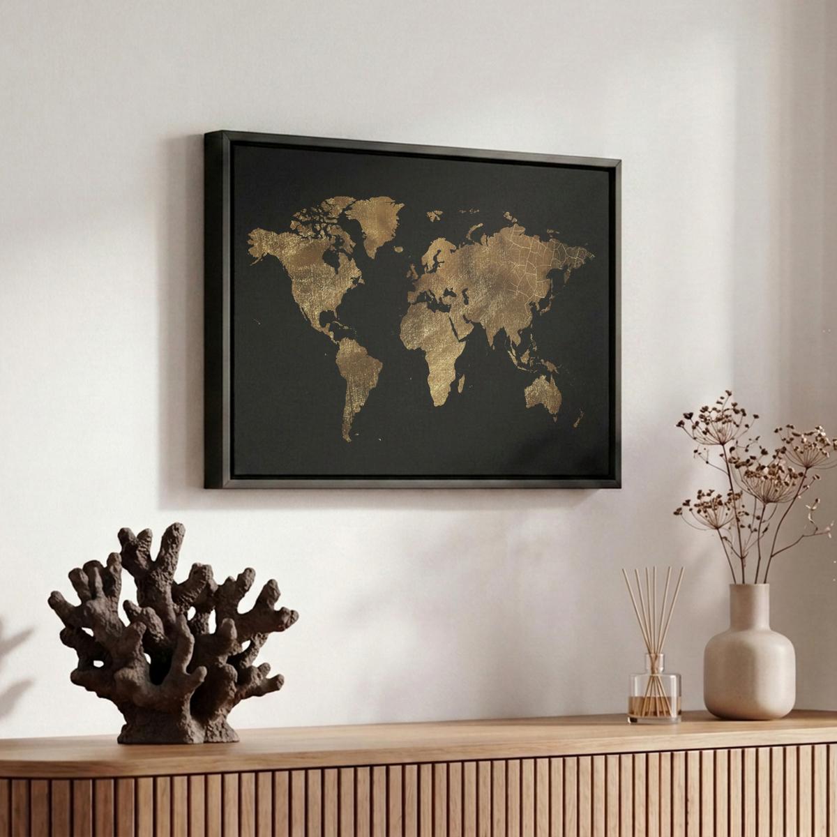 LEINWAND Bilder mit Rahmen - Weltkarte - Gold - Luxus - Erde - Schwarz - 30x20 - Goldfarben, Textil (30/20cm) - MuchoWow
