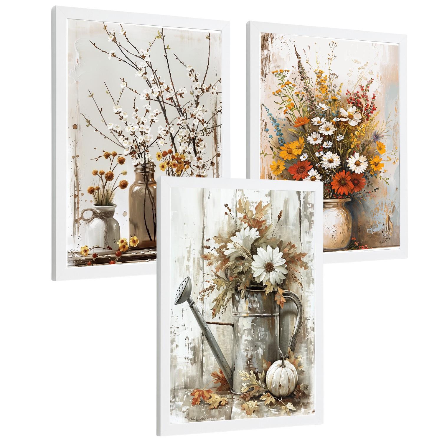 POSTER 3er Bilder-Set Wandbilder Blumen Vasen modern Wohnzimmer Deko, Schlafzimmer, Küche, Badezimmer Weißer Rahmen A3 - Weiß, Papier (29.7/1/42cm) - Nacnic
