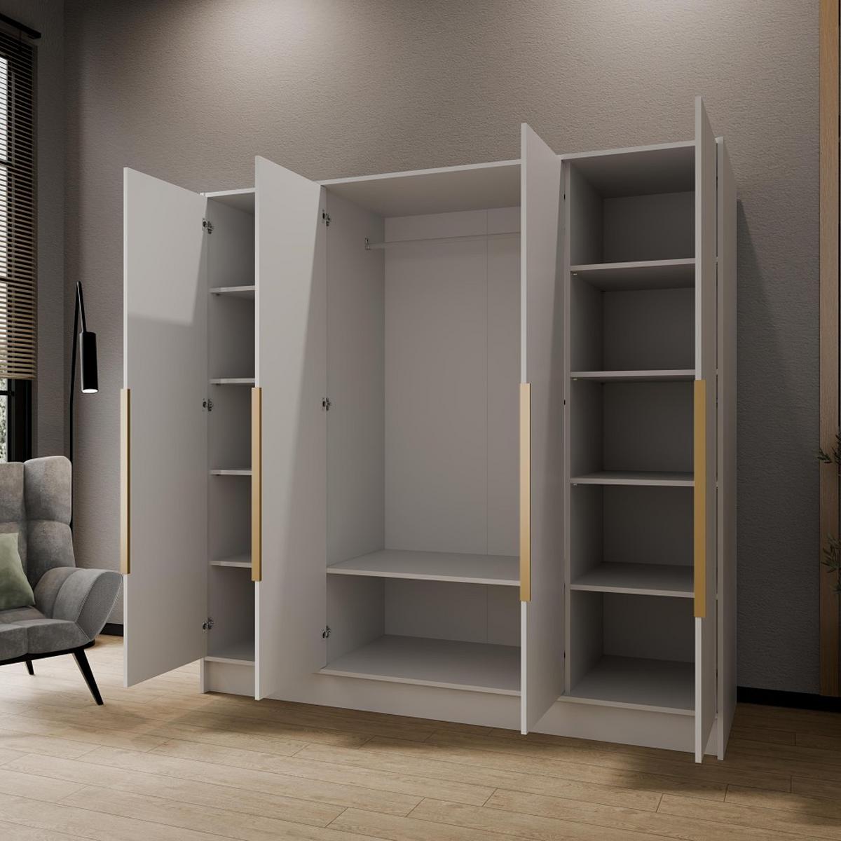 DREHTÜRENSCHRANK Pavia ohne Spiegel, Weiß mit mit goldenen Griffen, 200 cm - Goldfarben/Weiß, Holzwerkstoff (200/200/51cm) - Beautysofa