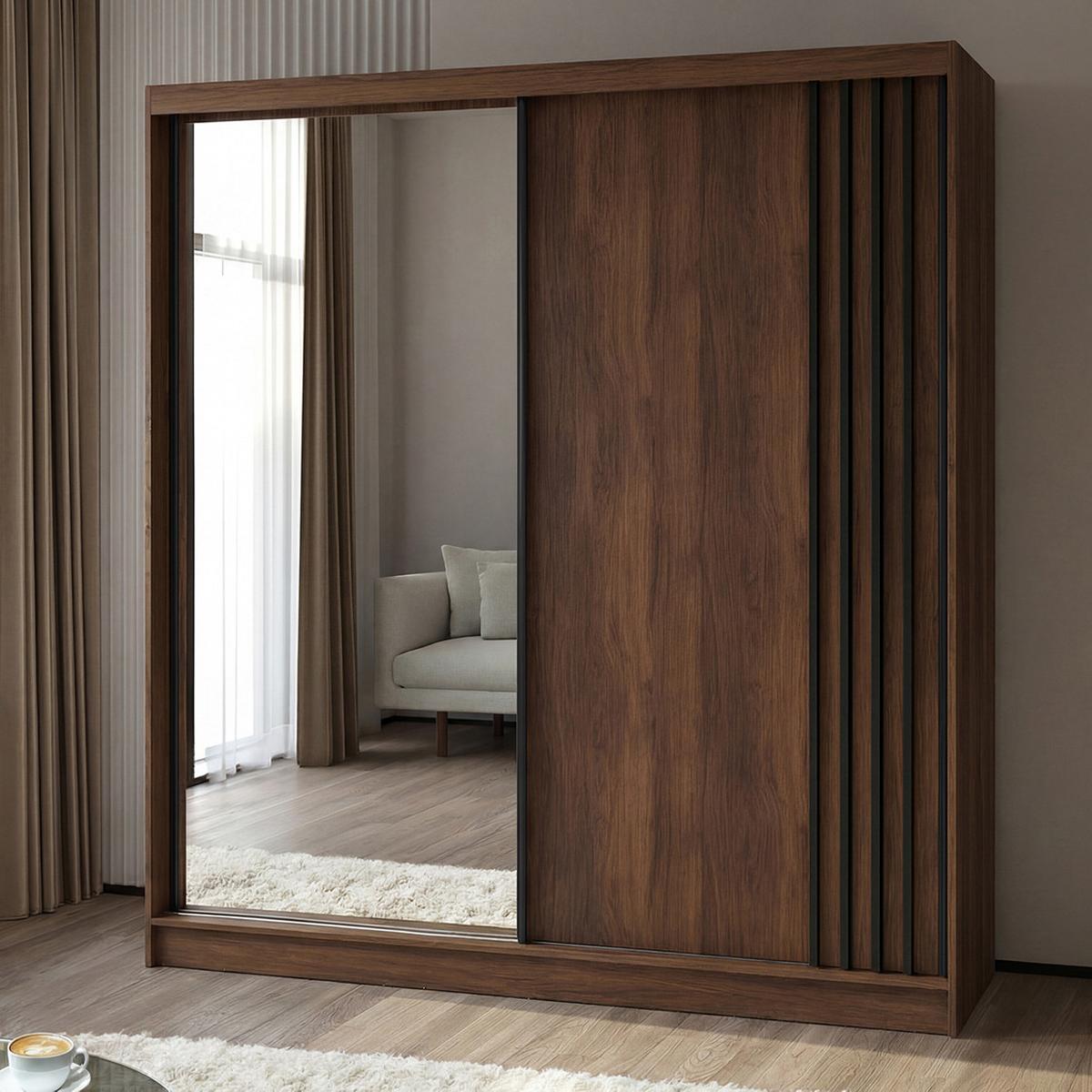 SCHWEBETÜRENSCHRANK Nela II mit Schubladen und Spiegel 200/216/61 Walnuss+Schwarz - Walnussfarben, Holzwerkstoff (200/216/61cm) - Beautysofa