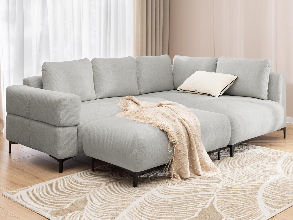 ECKSOFA inkl. Hocker Cardea mit Schlaffunktion in Bubble-Optik aus weichem Hellgrau Strukturstoff und hohem Sitzkomfort - Ottomane rechts - Hellgrau/Schwarz, Holz/Textil (230/170cm) - S-Style Möbel