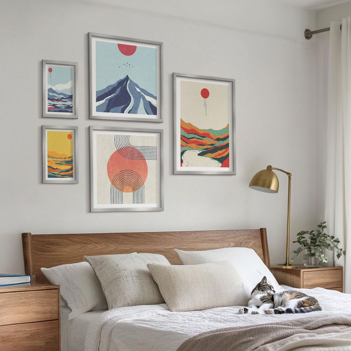 BILDER SET 5er Set - 50x50 cm & 20x30 cm & 40x60 cm Silberner Rahmen - Pastellfarbene Berge im Japandi-Stil - Silberfarben, Kunststoff (40/60cm) - TULUP