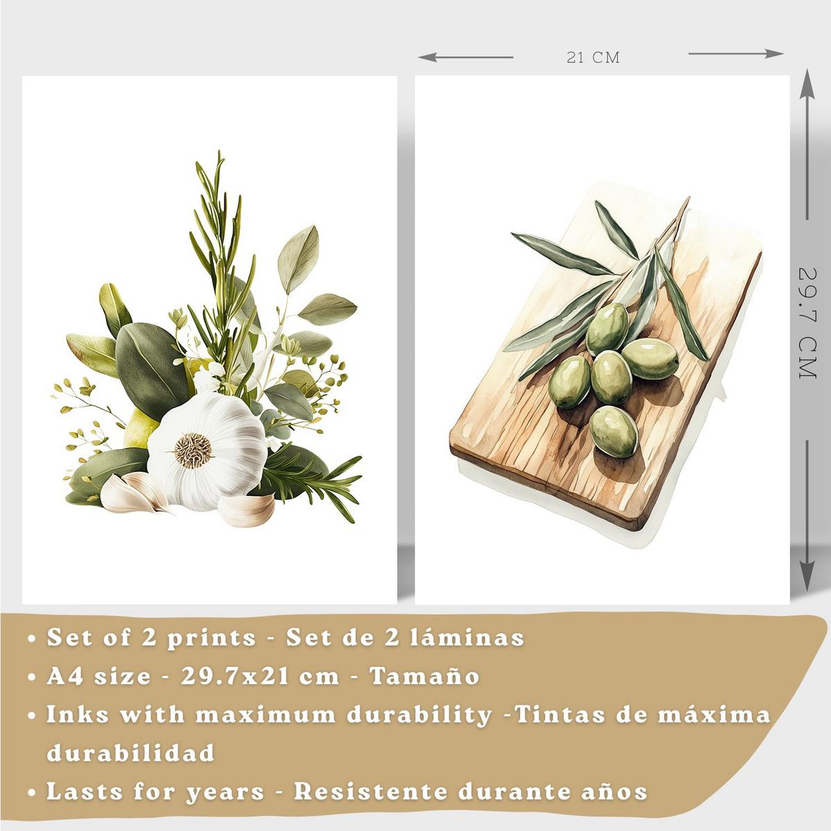POSTER 2er Set Küchen-Wandbilder Knoblauch Kräuter und Oliven Mediterranes Aquarell Esszimmer Wanddeko Rahmenlos A4 - Schwarz, Papier (29.7/1/21cm) - Nacnic