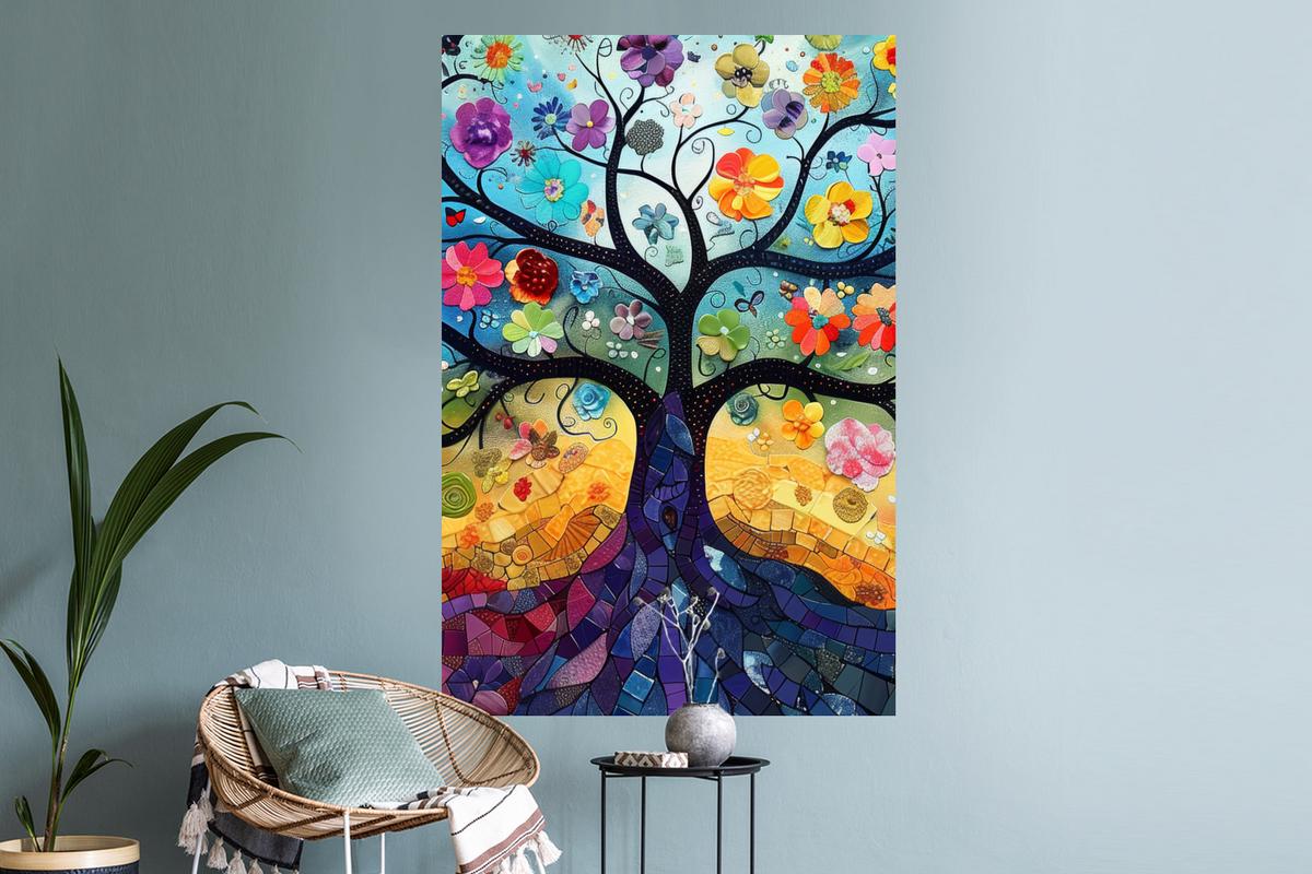 WANDTATTOO Kunst - Baum des Lebens - Blumen - Hippie Wandaufkleber 80x120 cm - Dunkelblau, Kunststoff (80/120/0.1cm) - MuchoWow