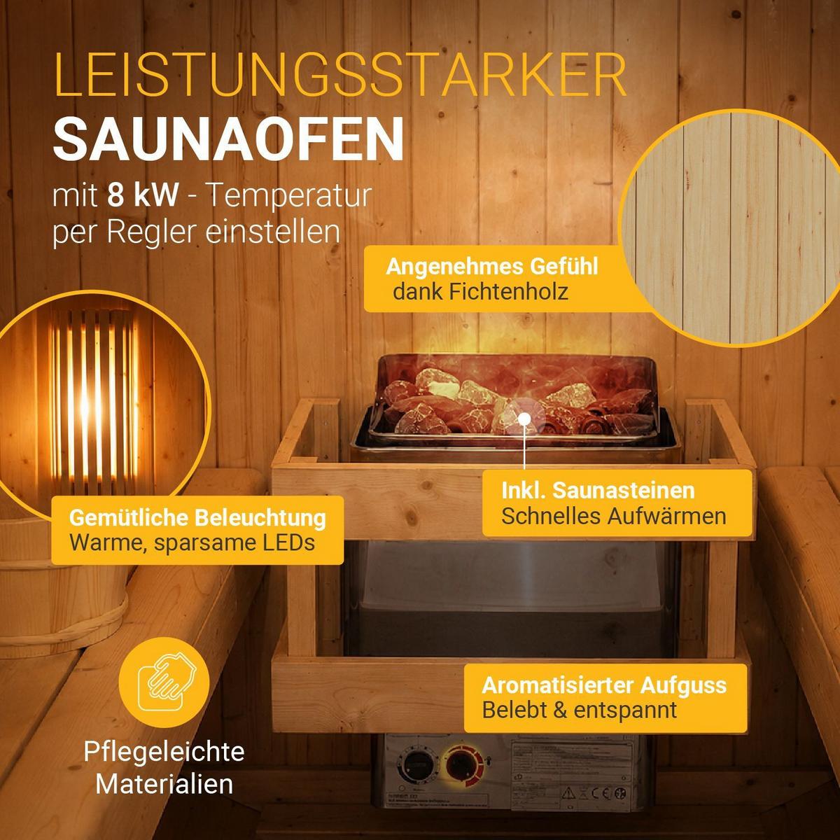 FASSSAUNA Spitzbergen 220 cm mit 8 kW Saunaofen (6 Personen) - Naturfarben, Holz (191/193/220cm) - Artsauna