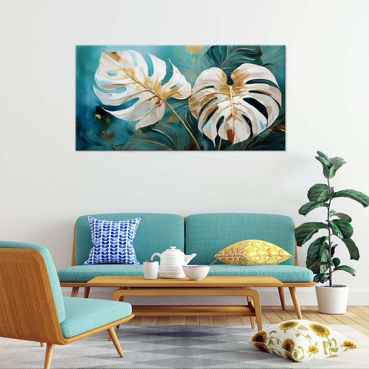 WANDBILD weiße monstera türkisblätter - Türkis, Textil (80/40cm) - Feeby