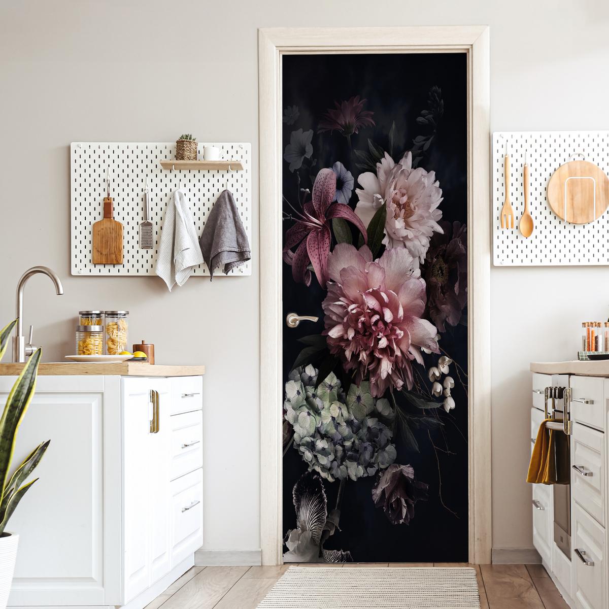 TÜRAUFKLEBER Selbstklebend - Blumen - Vintage - Pastell - Rosa - Weiß 95x235 cm - Türtapete - Altrosa, Kunststoff (95/235cm) - MuchoWow