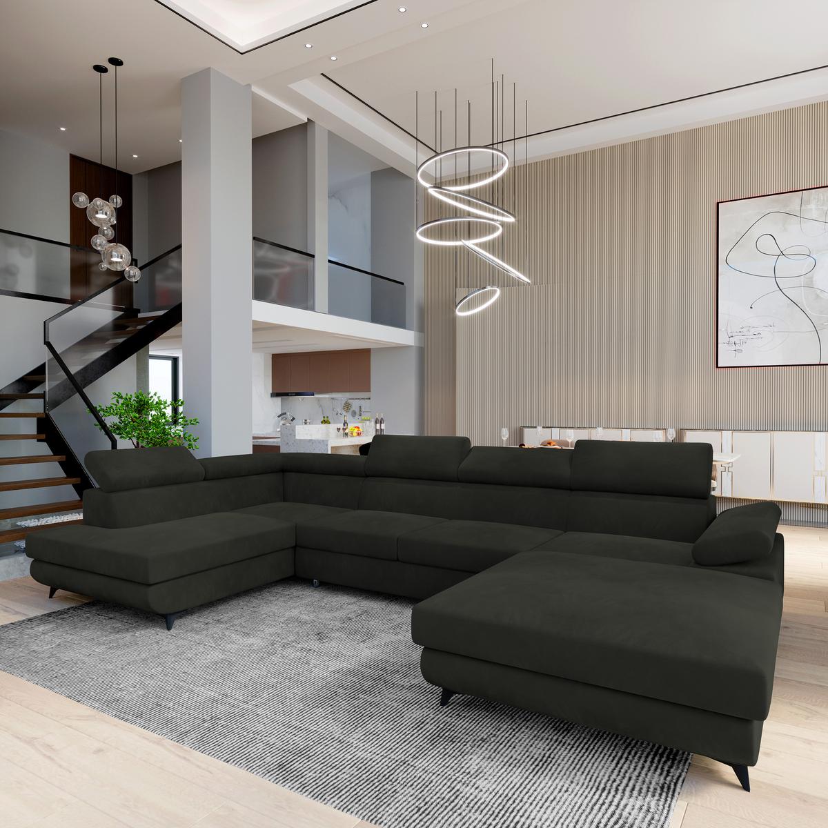 WOHNLANDSCHAFT RUBANO L-S Schwarz Velours-Stoff mit Schlaffunktion - Schwarz, Holz (339/89/190cm) - MASSENO