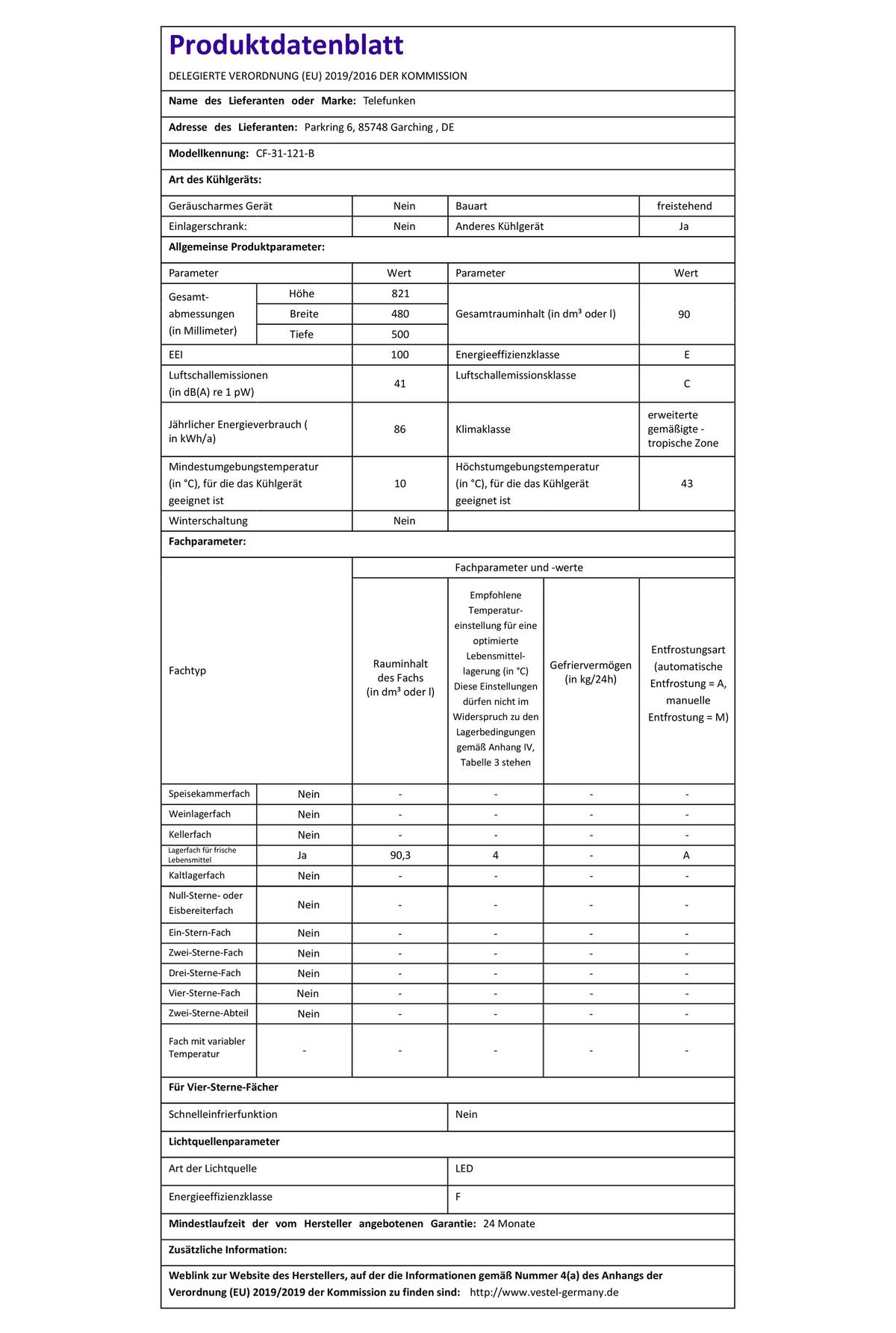 KÜHLSCHRANK, ohne Gefrierfach, freistehend, klein, 90 Liter Nutzinhalt, mit Gemüsefach & 3 Ablagen, Temperaturregelung, CF-31-121-B - Schwarz, Kunststoff/Metall (48/82.1/50cm) - Telefunken
