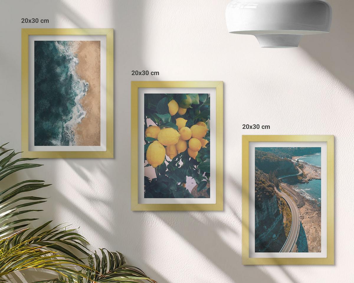 BILDER SET 3er Set - 20x30 cm Goldrahmen - Meerstrand Zitronen Berge - Goldfarben, Kunststoff (20/30cm) - TULUP