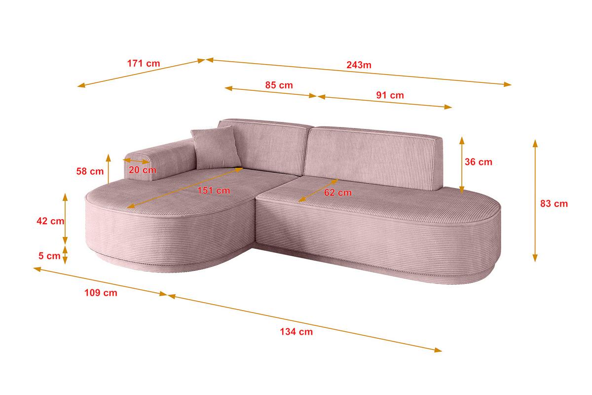 ECKSOFA Ottomane Links MARI-L1-v3 - 243x171x83 cm Rosa Cord - Schwarz/Rosa, Holzwerkstoff/Kunststoff (243/171cm) - ALTDECOR