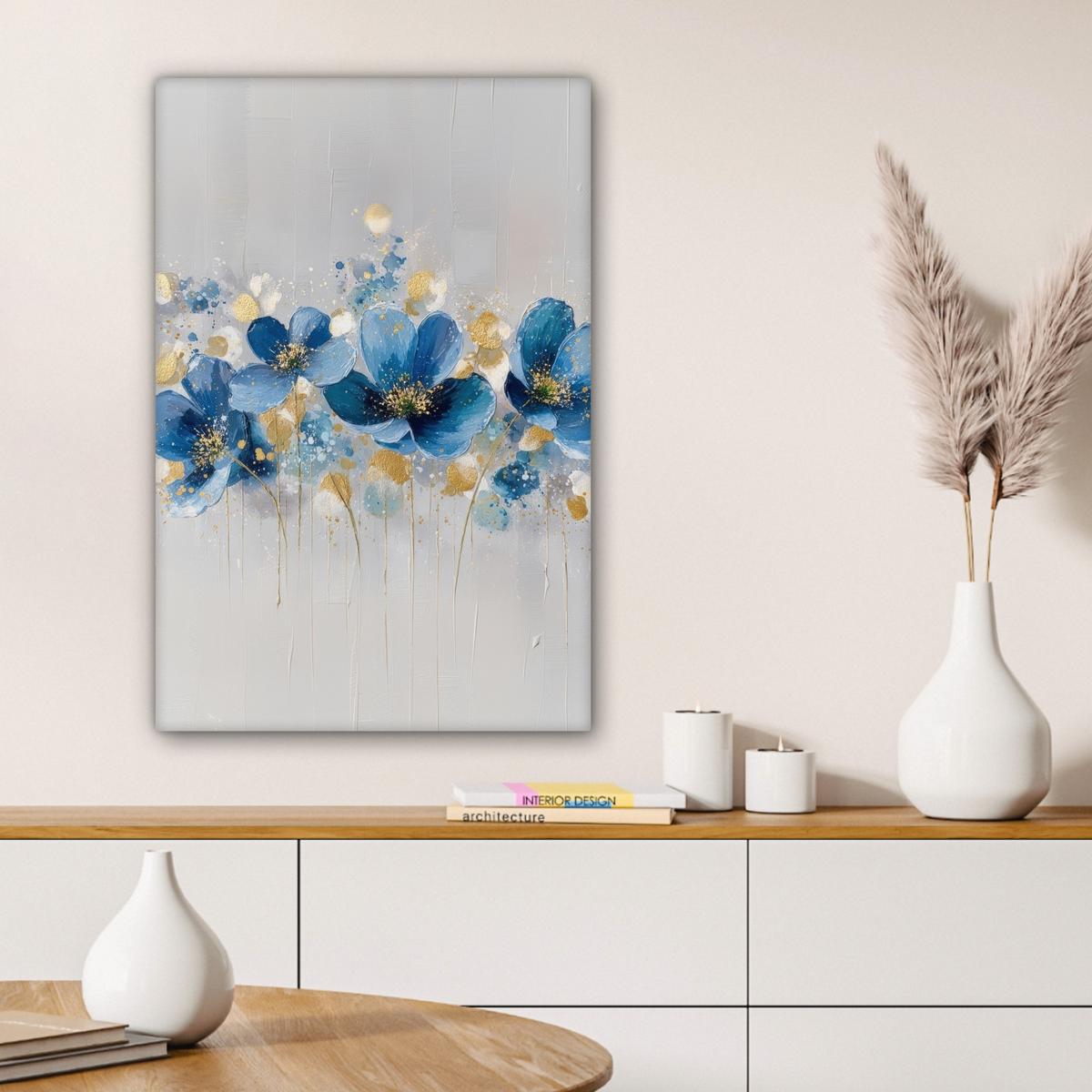 LEINWANDBILD Blumen - Blau - Abstrakt Wanddeko Schlafzimmer 60x90 cm - Hellgrau, Textil (60/90cm) - MuchoWow