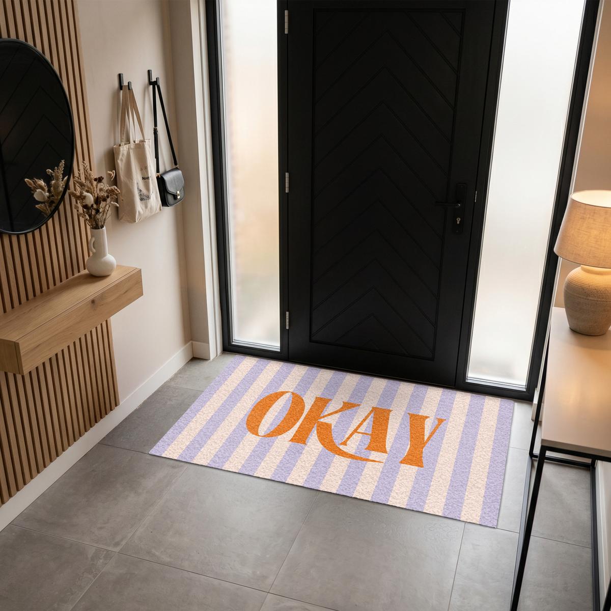 FUSSMATTE Lila – Orange – Streifen – Okay 150x90 cm - Flieder, Kunststoff (150/0.4cm) - MuchoWow