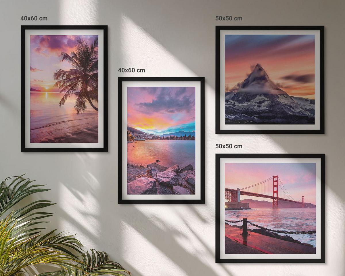BILDER SET 4er Set - 50x50 cm & 40x60 cm Schwarzer Rahmen - Sonnenuntergangsbrücke Landschaft - Schwarz, Kunststoff (50/50cm) - TULUP
