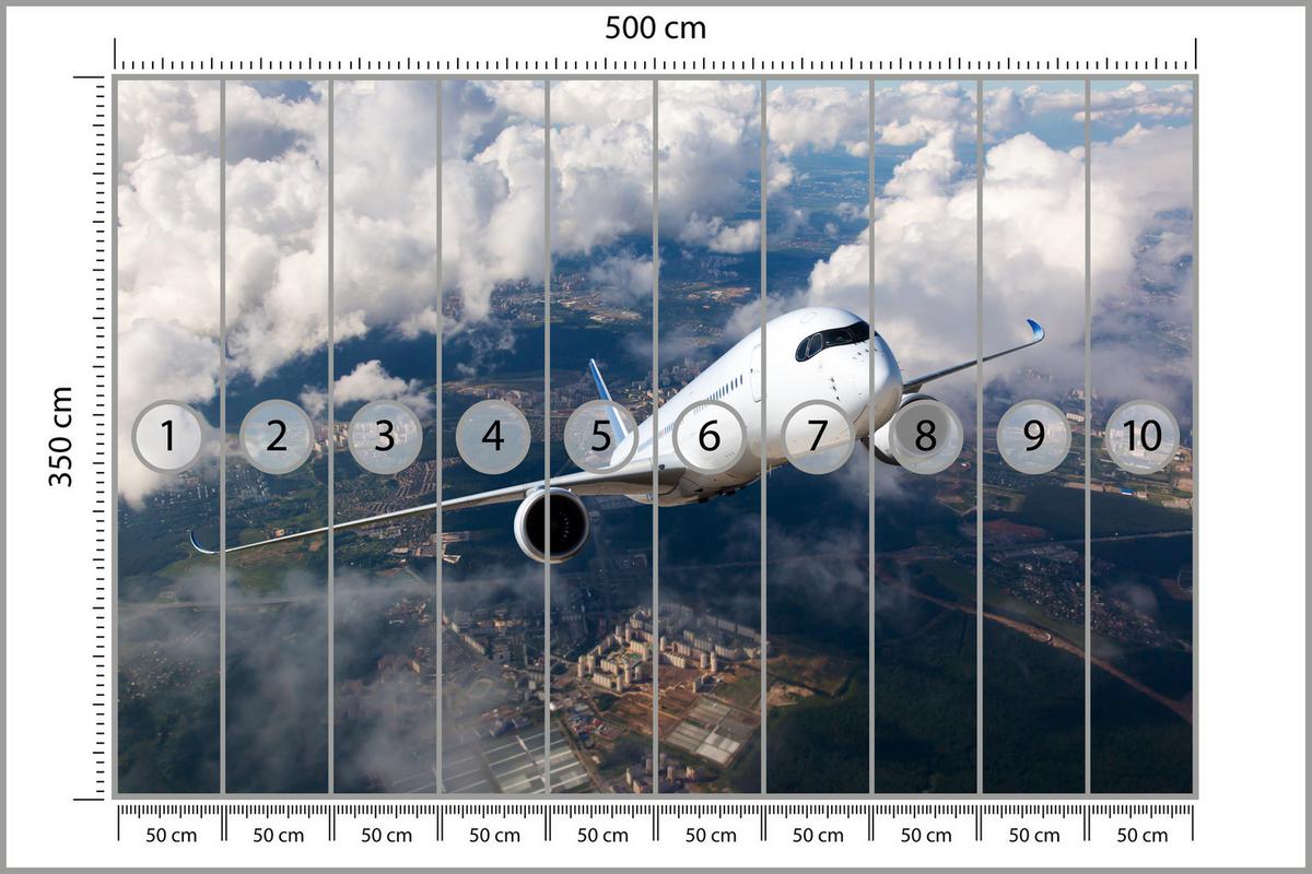 FOTOTAPETE für Jugendzimmer Flugzeug Start Wolken Himmel 500x350 - Blau/Beige, Papier (500/350cm) - Muralo
