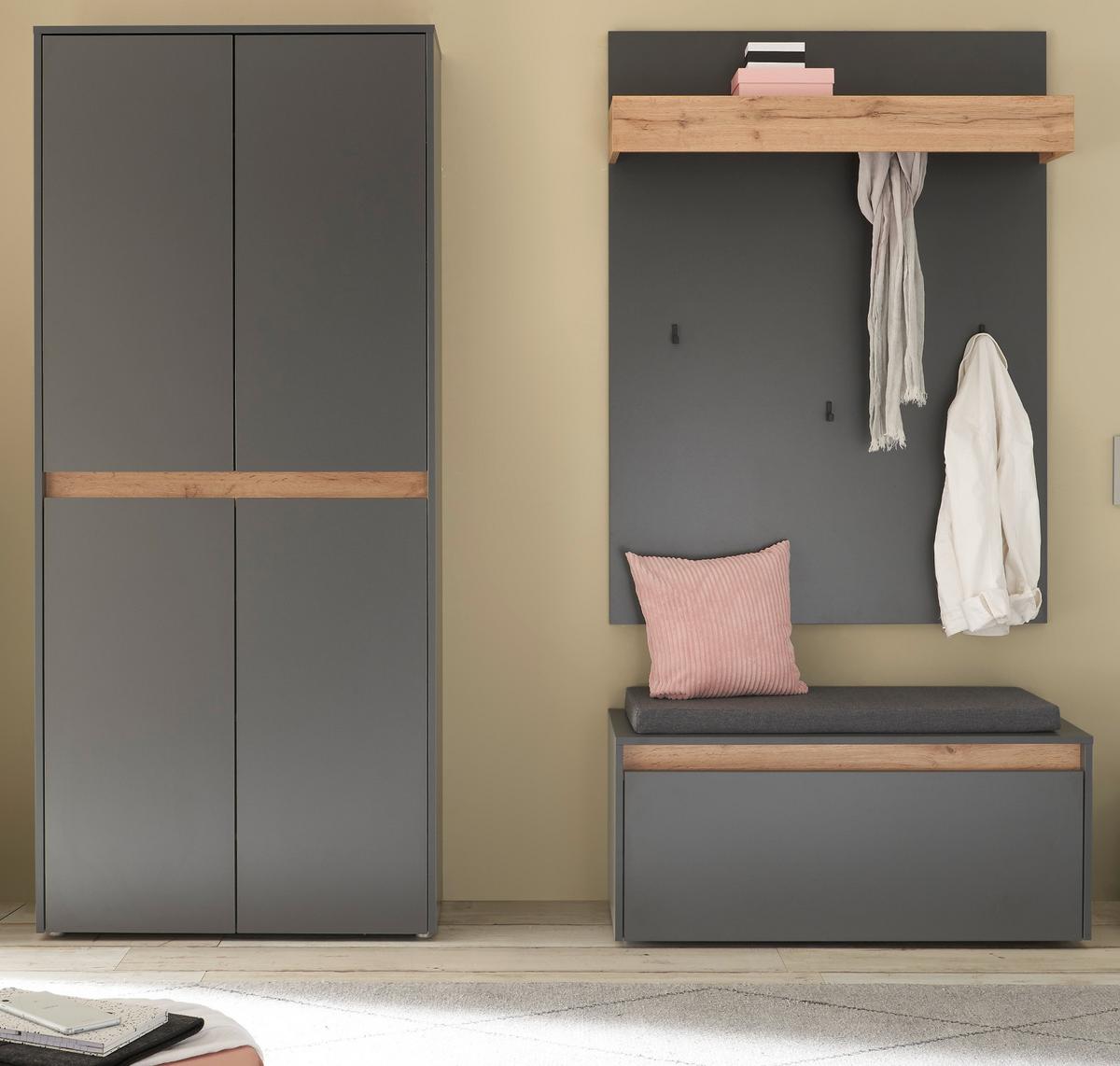 GARDEROBEN-SET grau matt, Eiche Wotan 195 cm 4-teilig, Flurgarderobe mit viel Stauraum - Eiche Wotan/Schwarz, Holzwerkstoff/Kunststoff (195/200/40cm) - Furn.Design