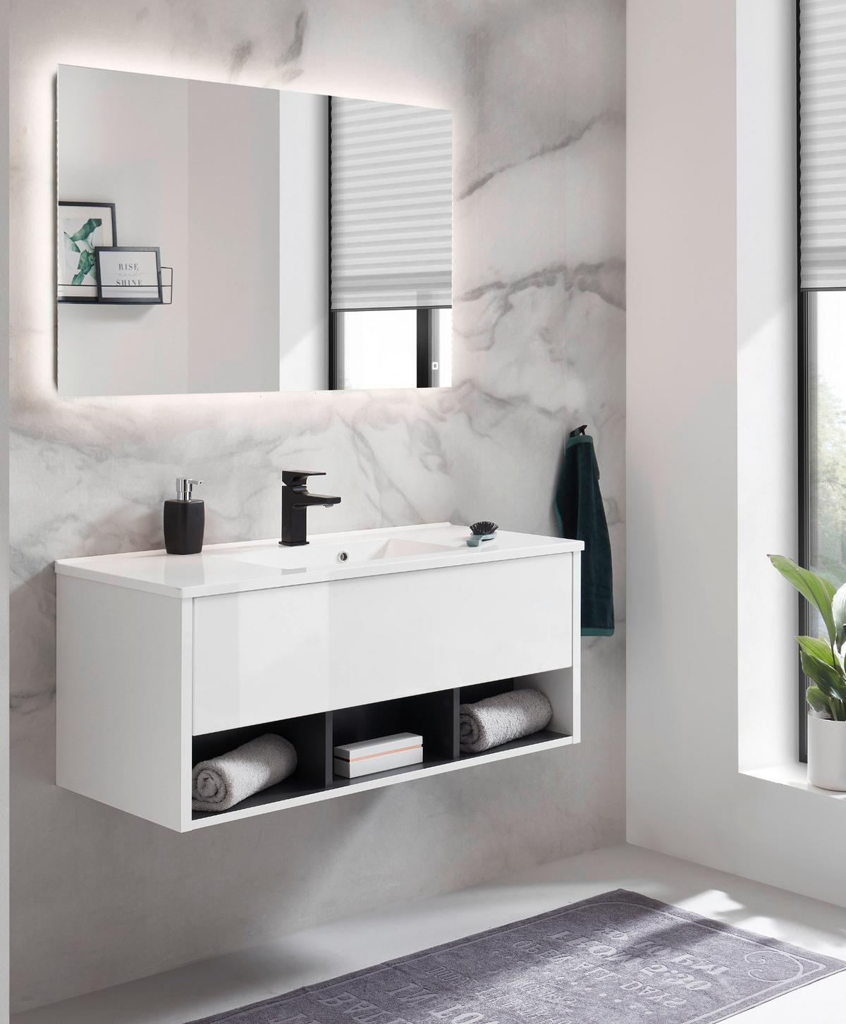 BADMÖBEL-SET weiß Hochglanz, grau 100 cm 2-teilig mit Waschbecken und LED Beleuchtung - Weiß Hochglanz/Grau, Glas/Holzwerkstoff (100/190/190cm) - Furn.Design