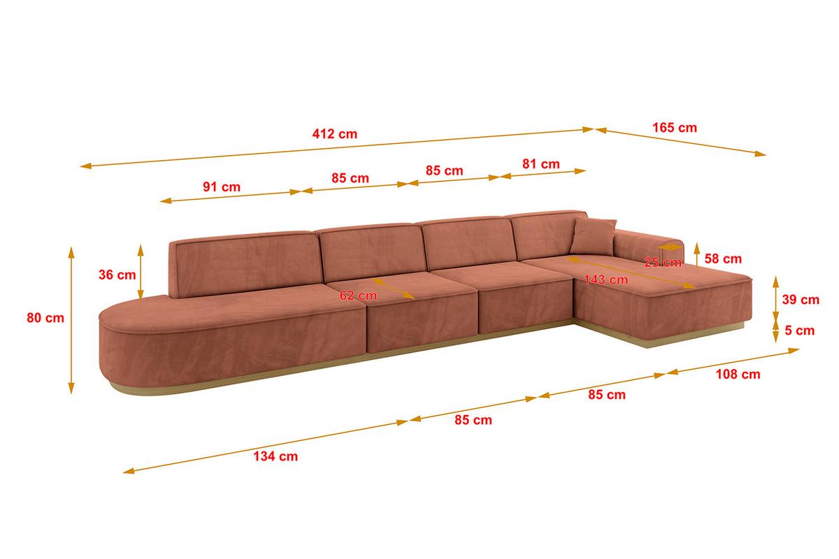 ECKSOFA Ottomane Rechts IREA-L3-v2 - 412x165x80 cm Apricot - Koralle, Holzwerkstoff/Textil (412/165cm) - ALTDECOR