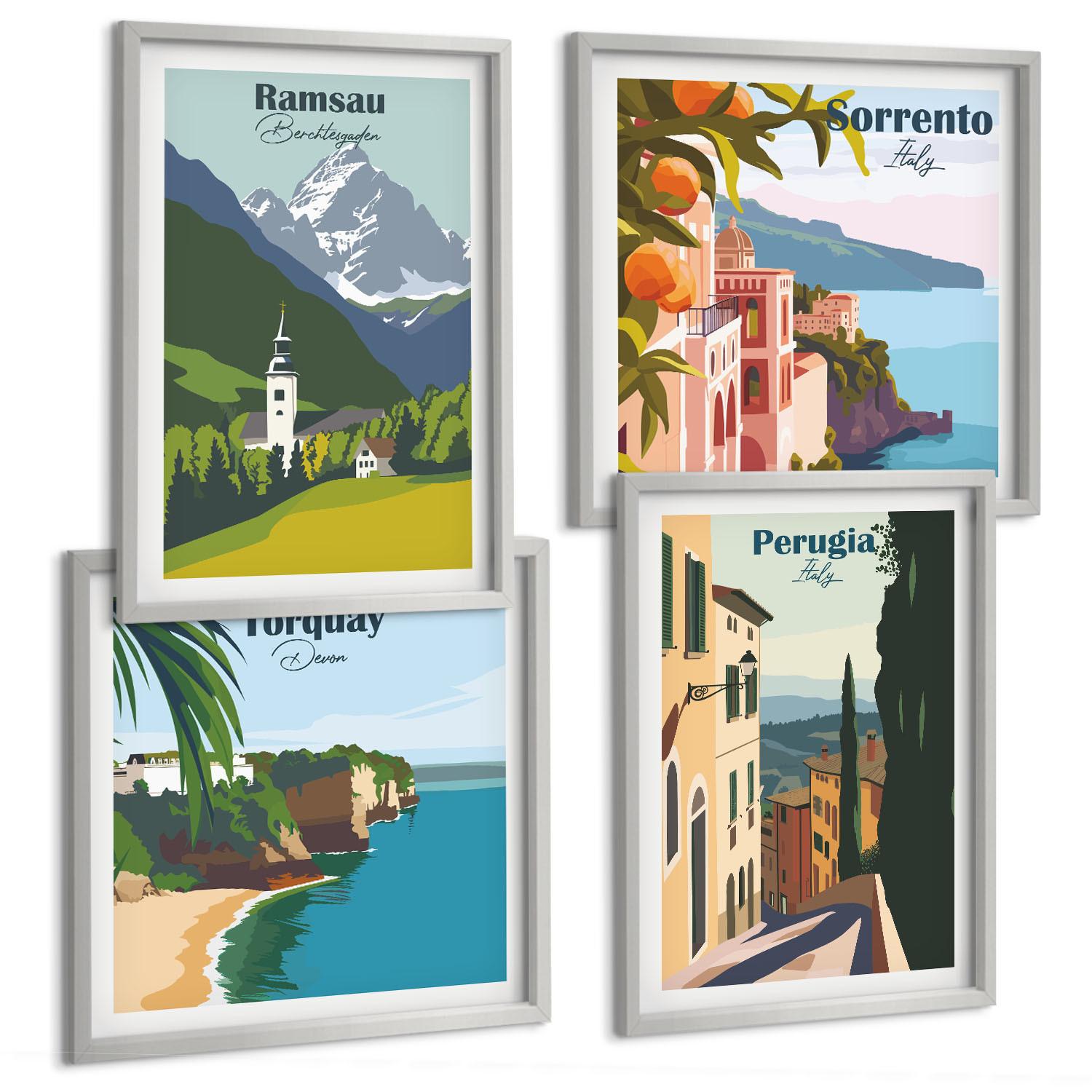 BILDER SET 4er Set - 50x50 cm & 40x60 cm Silberner Rahmen - Berglandschaften und Städte - Silberfarben, Kunststoff (50/50cm) - TULUP