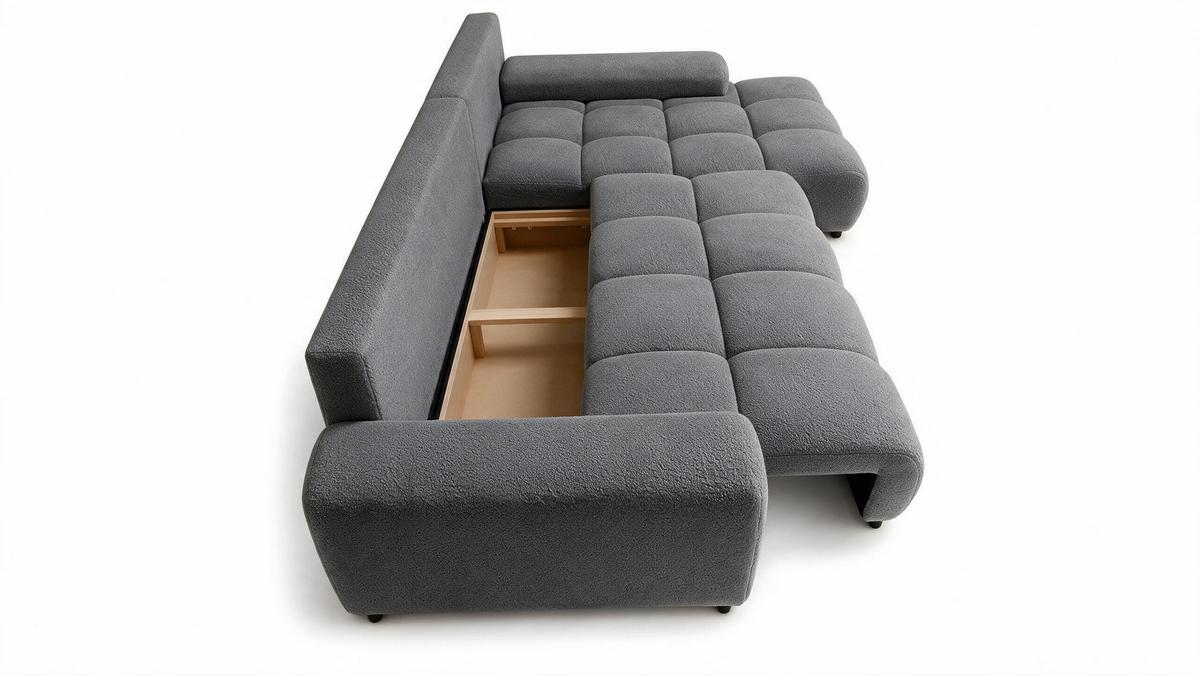 ECKSOFA Ovia mit Bettkasten und Schlaffunktion, Bouclé-Stoff in L-Form - Dunkelgrau, Textil (270/185cm)