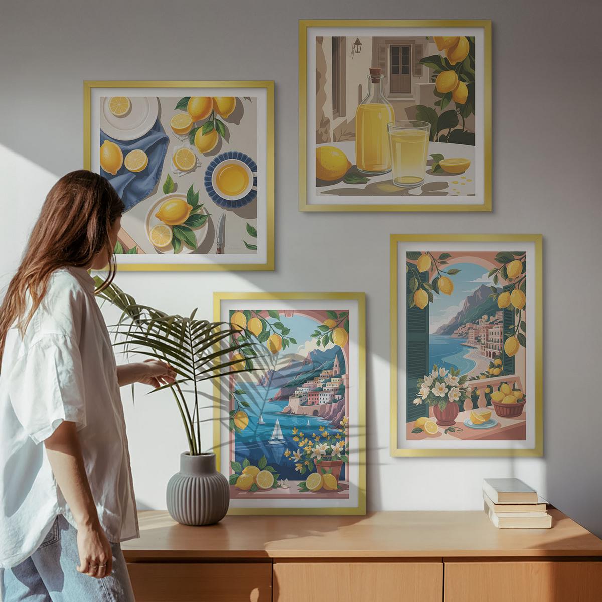 BILDER SET 4er Set - 50x50 cm & 40x60 cm Goldrahmen - Meerblick, italienische Zitronen - Goldfarben, Kunststoff (50/50cm) - TULUP
