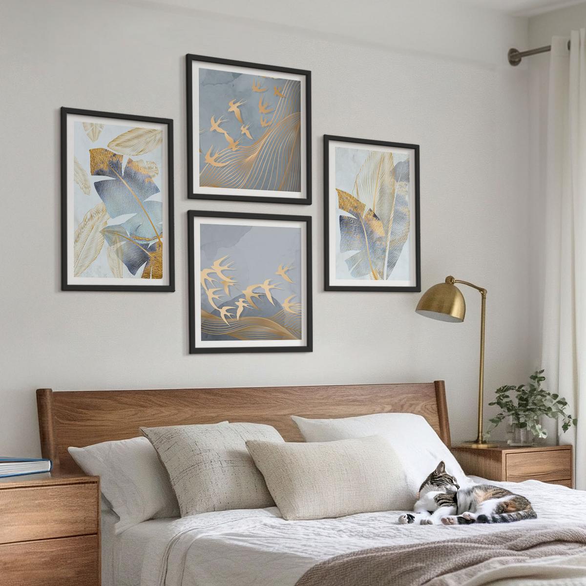 BILDER SET 4er Set - 50x50 cm & 40x60 cm Schwarzer Rahmen - Blaubeige Blätter im Hintergrund - Schwarz, Kunststoff (50/50cm) - TULUP
