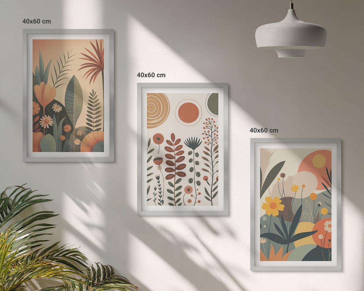 BILDER SET 3er Set - 40x60 cm Silberner Rahmen - Boho-Pflanzenmuster Natur - Silberfarben, Kunststoff (40/60cm) - TULUP