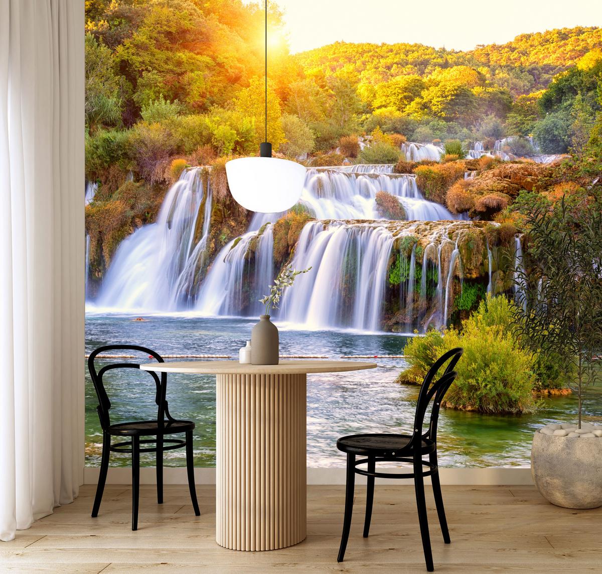 FOTOTAPETE für Esszimmer Wasserfall Sonnenaufgang Morgenlicht Bäume 300x210 - Gelb/Beige, Papier (300/210cm) - Muralo
