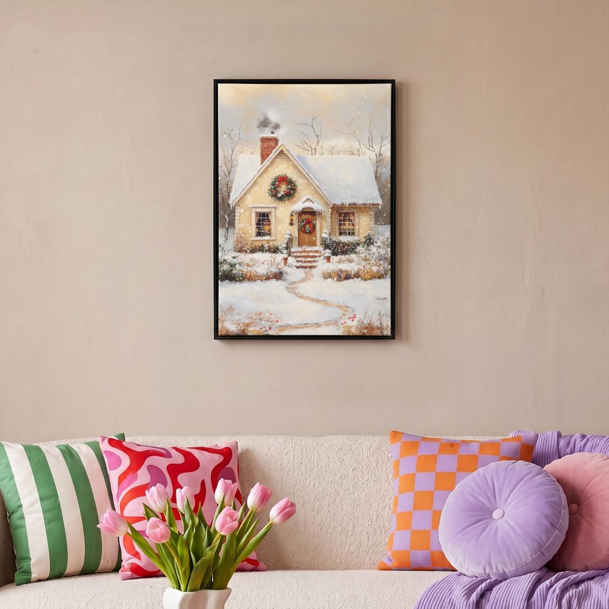 LEINWAND Bilder mit Rahmen - Weihnachten - Zuhause - Winter - Schnee - 40x60 - Creme, Textil (40/60cm) - MuchoWow