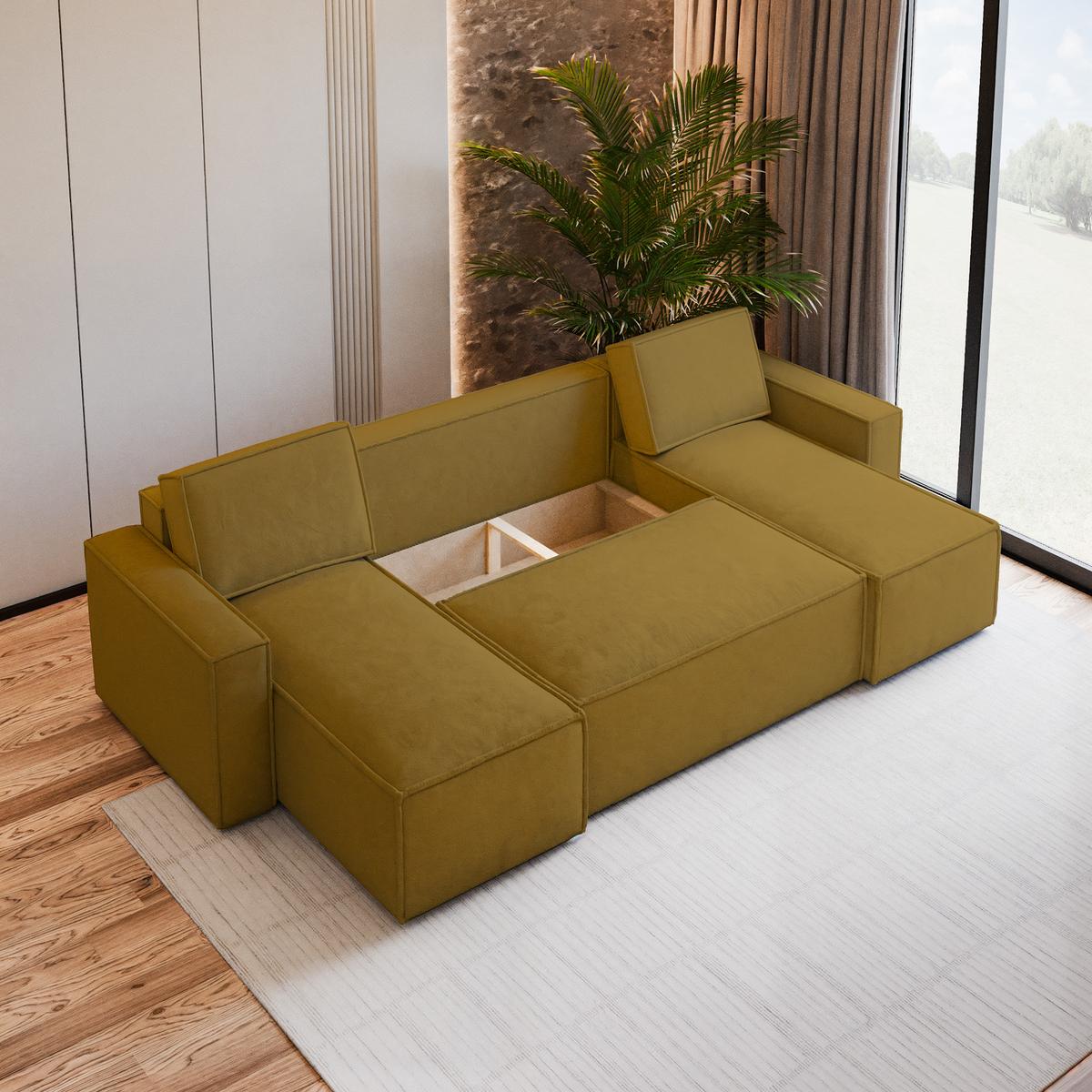 WOHNLANDSCHAFT PESANO M Gelb Velours-Stoff mit Schlaffunktion - Gelb, Holz (306/85/140cm) - MASSENO