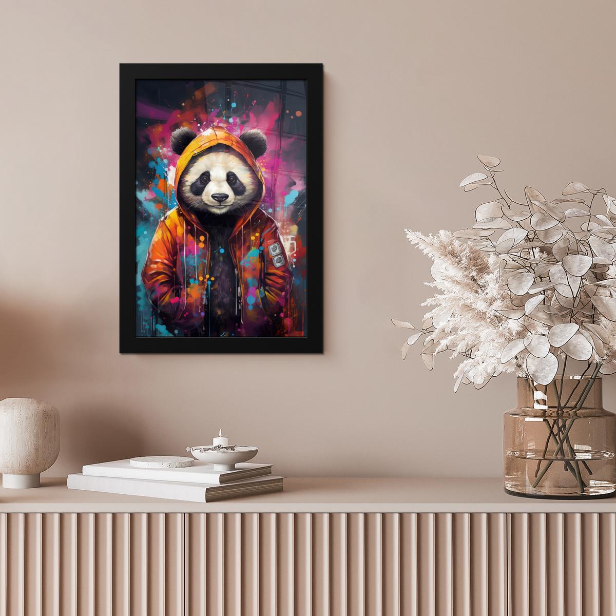 POSTER MIT RAHMEN Panda - Jacke - Graffiti - Orange Poster 20x30 cm - Orange, Papier (20/30cm) - MuchoWow