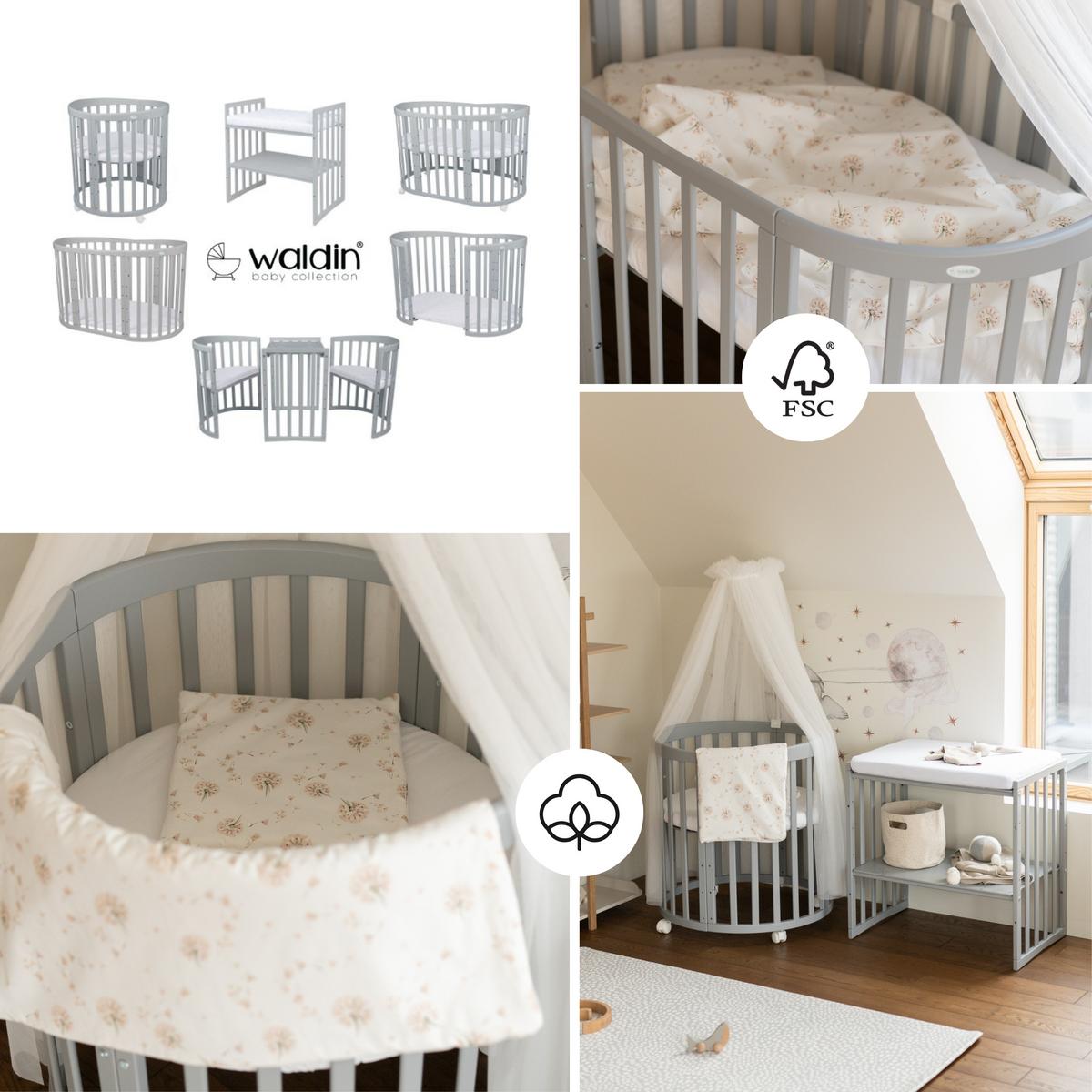 BABYBETT GREY OVAL 7in1 mit Matratze und Himmelset - Weiß/Braun, Holz/Textil (73/125cm) - waldin