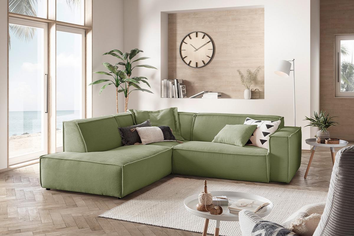 ECKSOFA SAMU Grün Cord - Schwarz/Olivgrün, Textil (254/224cm) - KAWOLA