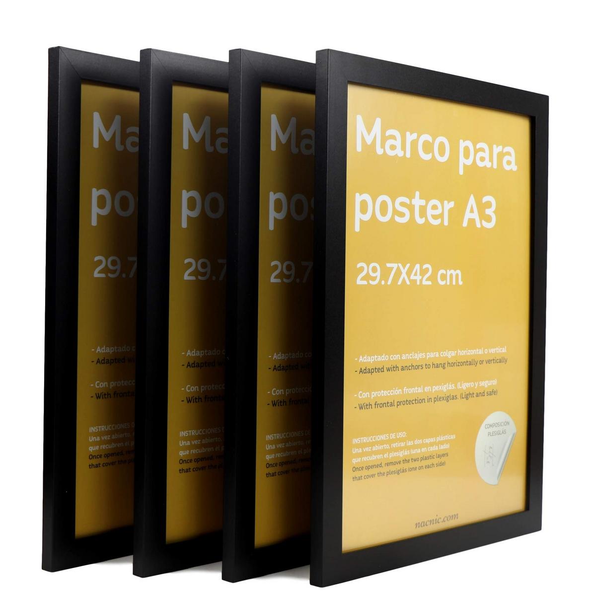 RAHMEN Set mit 4 aus MDF und Acrylglas Schutz und Aussteller für Fotografien, Bilder, Poster, Gemälde, Dekoration für Haus Farbe Schwarz A3 - Schwarz, Holz (29.7/3cm) - Nacnic