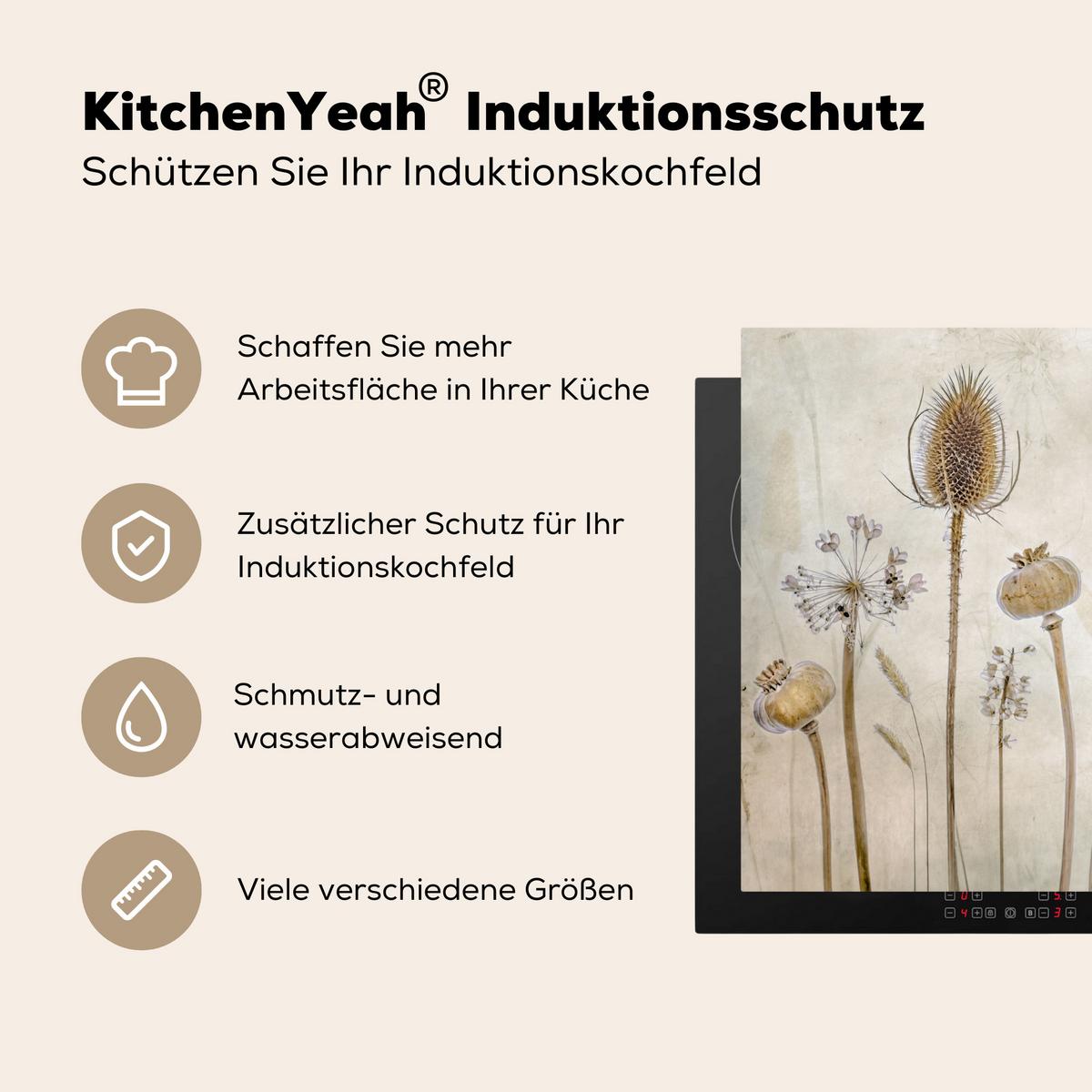 HERDABDECKPLATTE Blumen - Aquarell - Stilleben - Braun - Vintage Induktionsmatte 77x59 cm - Sandfarben, Kunststoff (77/59/0.2cm) - MuchoWow