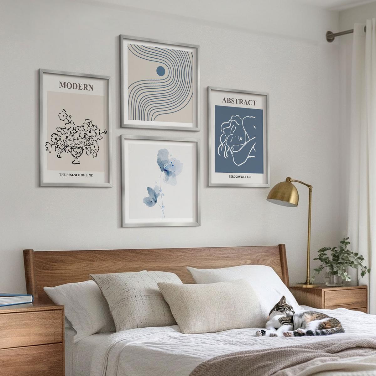 BILDER SET 4er Set - 50x50 cm & 40x60 cm Silberner Rahmen - abstrakte Poster mit Blumenlinien - Silberfarben, Kunststoff (50/50cm) - TULUP