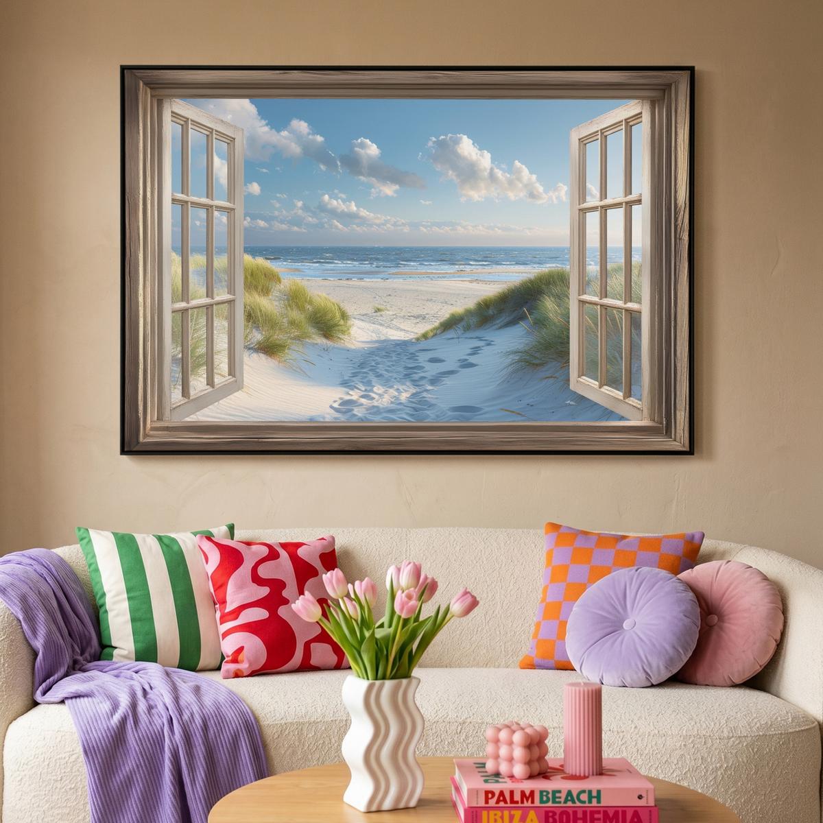LEINWAND Bilder mit Rahmen - Aussicht - Strand - Fenster - Dünen - Meer - 120x80 - Hellblau, Textil (120/80cm) - MuchoWow