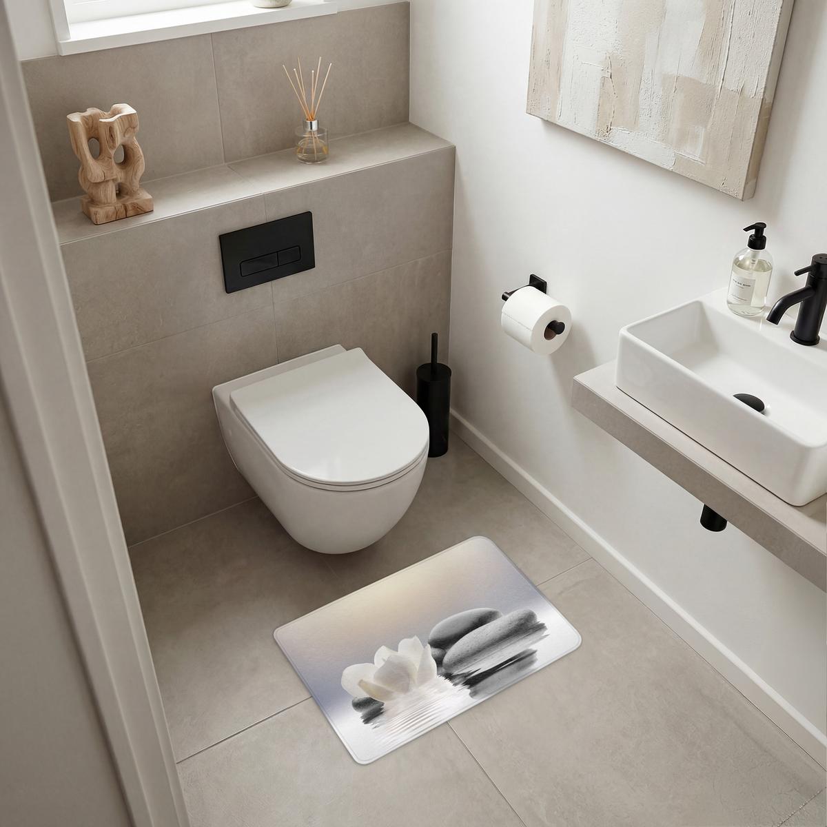 BADEMATTE Steine - Lotus - Weiß - Wasser - Zen 60x40 cm - Weiß, Textil (60/40cm) - OnlyWow