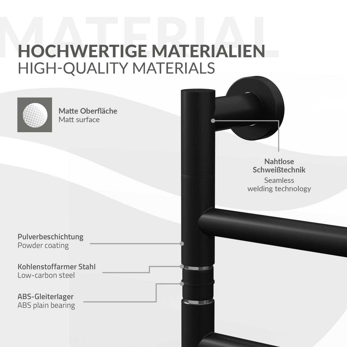 HANDTUCHWÄRMER Elektrisch Schwarz matt 75W 450x622 mm 180° drehbar - Schwarz, Metall (45/62.2/3cm) - LuxeBath