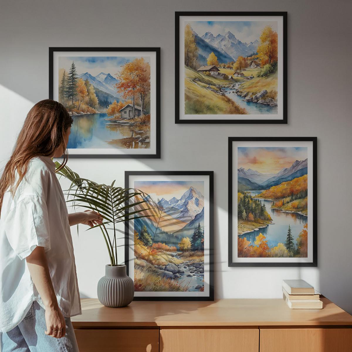 BILDER SET 4er Set - 50x50 cm & 40x60 cm Schwarzer Rahmen - Berglandschaft mit einem Fluss - Schwarz, Kunststoff (50/50cm) - TULUP