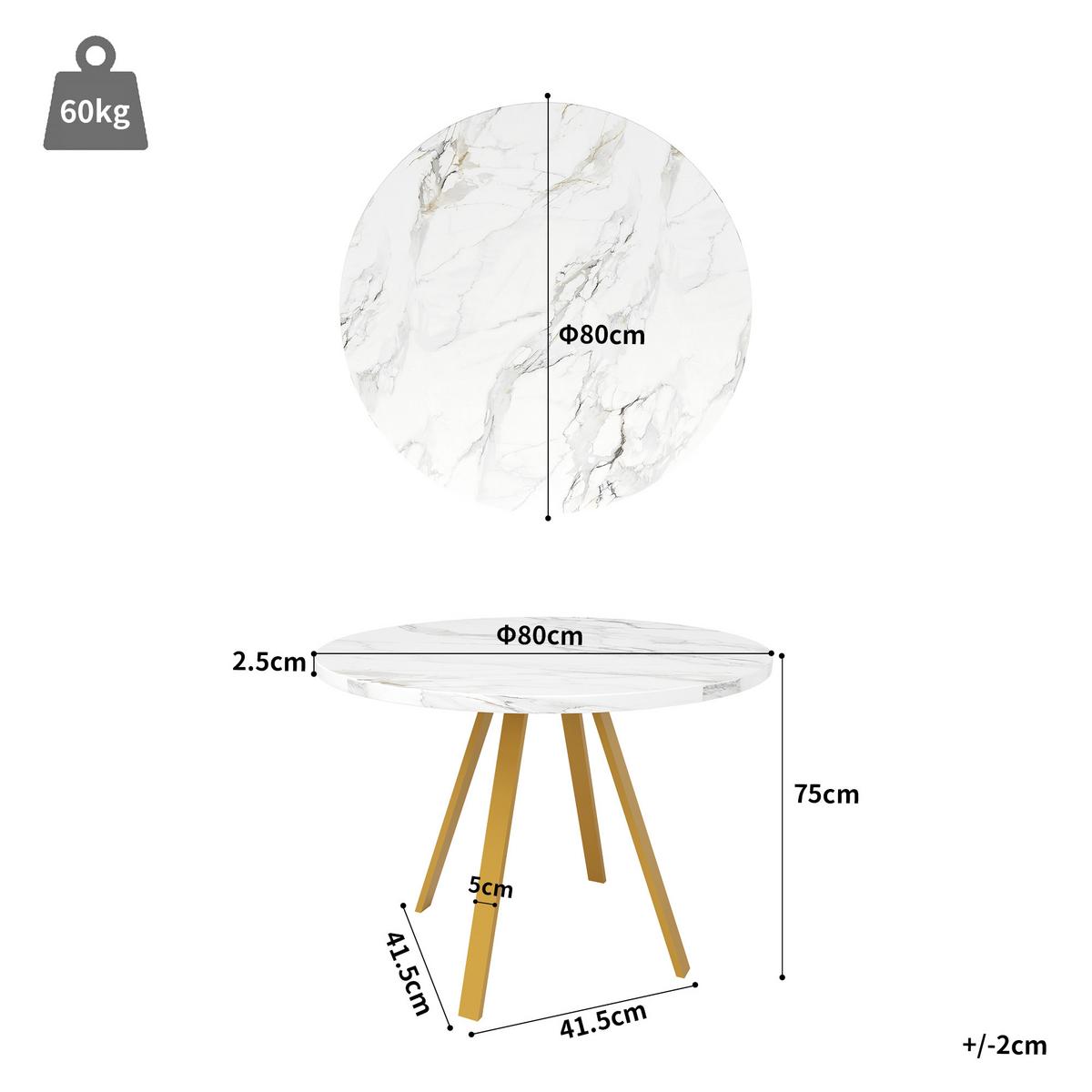 ESSTISCH runder marmor-optik & gold Ø 80 cm für 4 personen - Weiß, Holzwerkstoff (80/80/75cm) - Urban Meuble