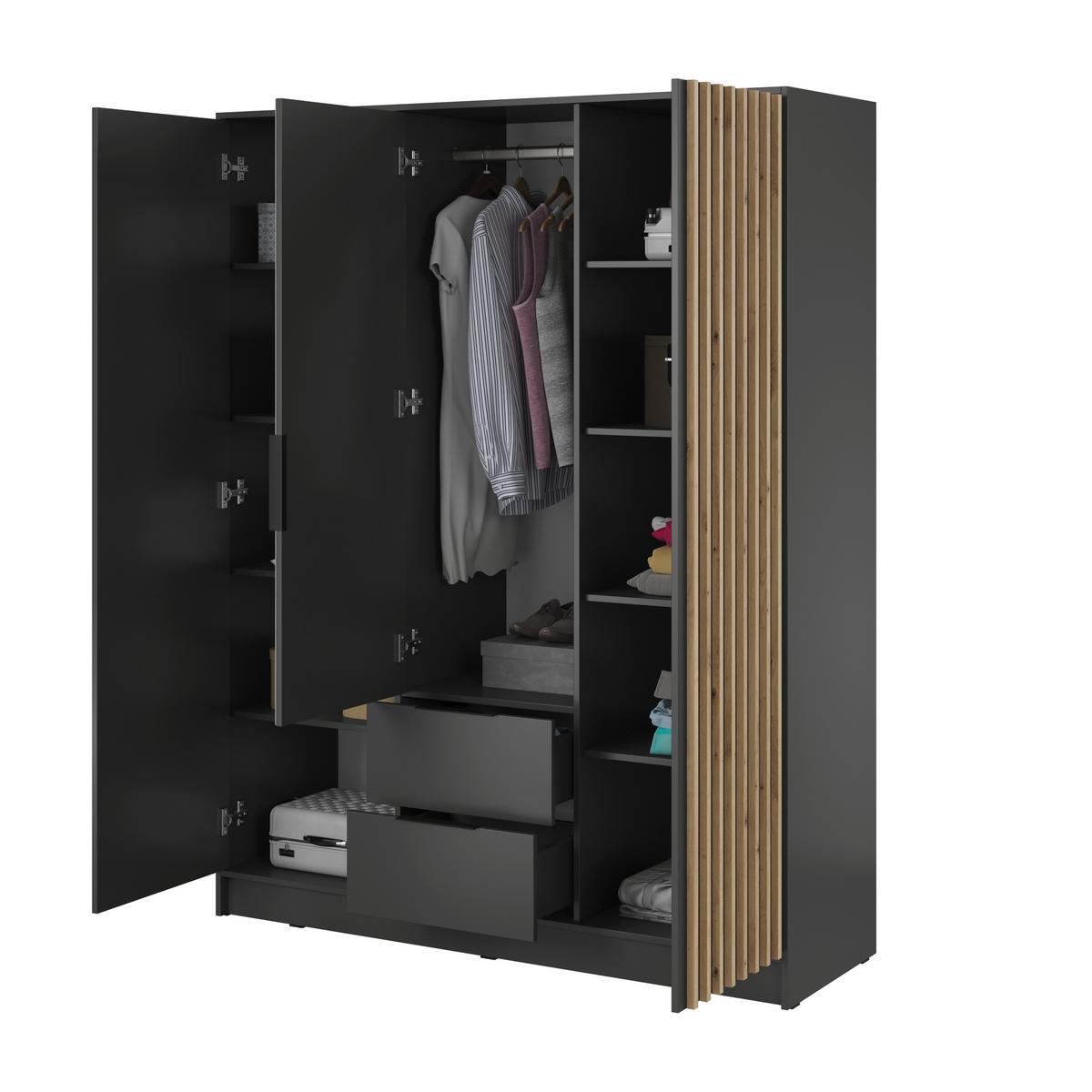 DREHTÜRENSCHRANK NELIANA 155/200/51 cm 3-türig mit Spiegel Graphitfarben - Graphitfarben, Holzwerkstoff (155/200/51cm) - MASSENO