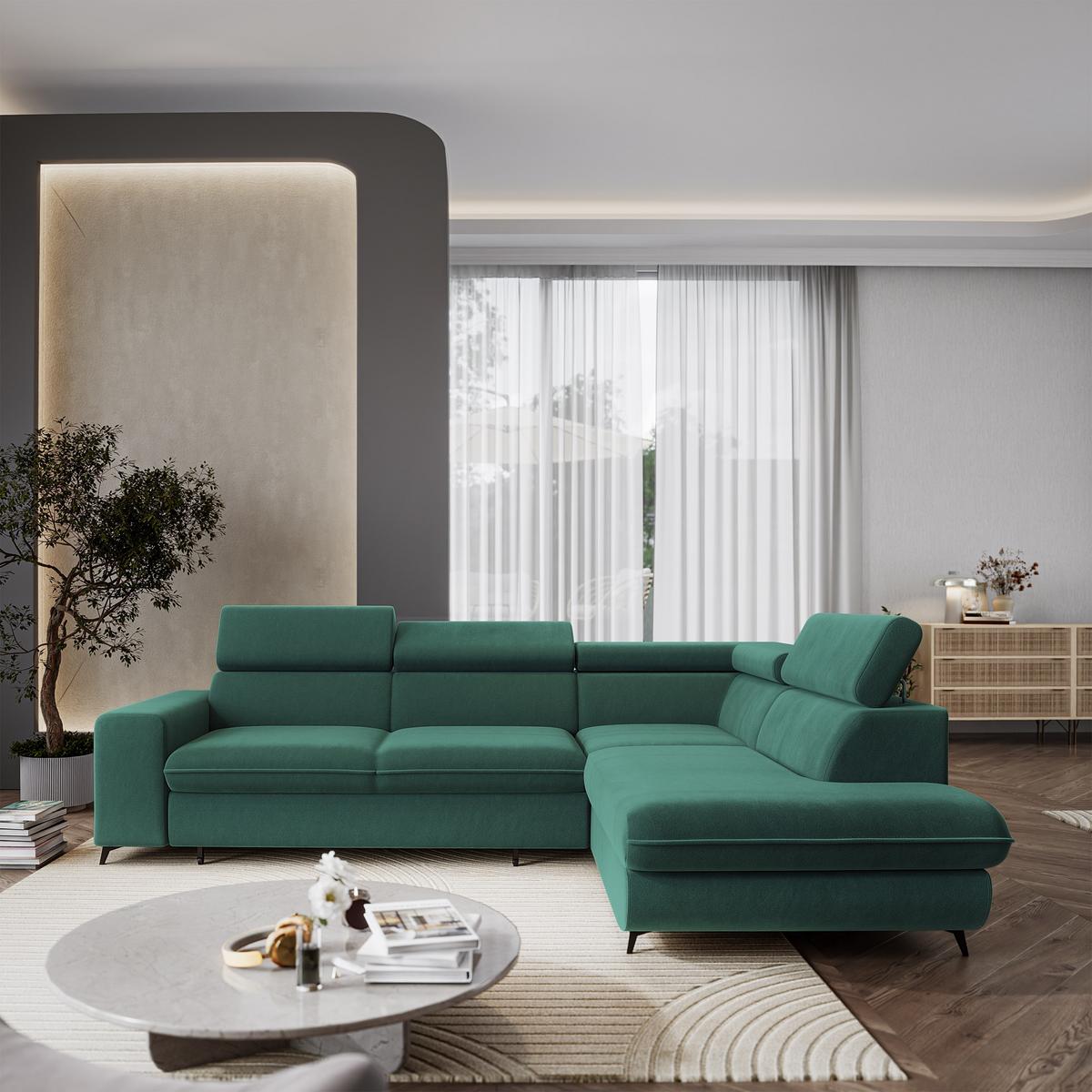 ECKSOFA VELISS Blau Veloursstoff mit Schlaffunktion - Blau, Holz (255/193cm) - MASSENO