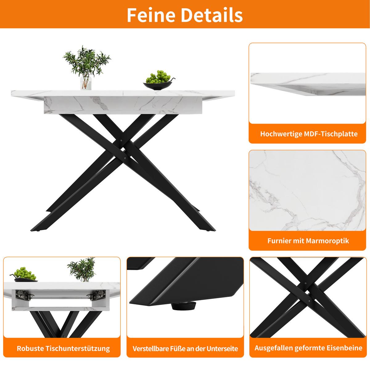TISCHGRUPPE 7-teilig Ausziehtisch Marmoroptik Weiß & 6x 360° Drehstühle Beige - Schwarz/Weiß, Holzwerkstoff/Textil (160/77/80cm) - Urban Meuble