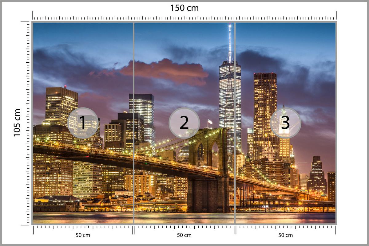 FOTOTAPETE für Wohnzimmer New York Nacht Brooklyn Bridge Wolkenkratzer 150x105 - Blau/Gelb, Papier (150/105cm) - Muralo