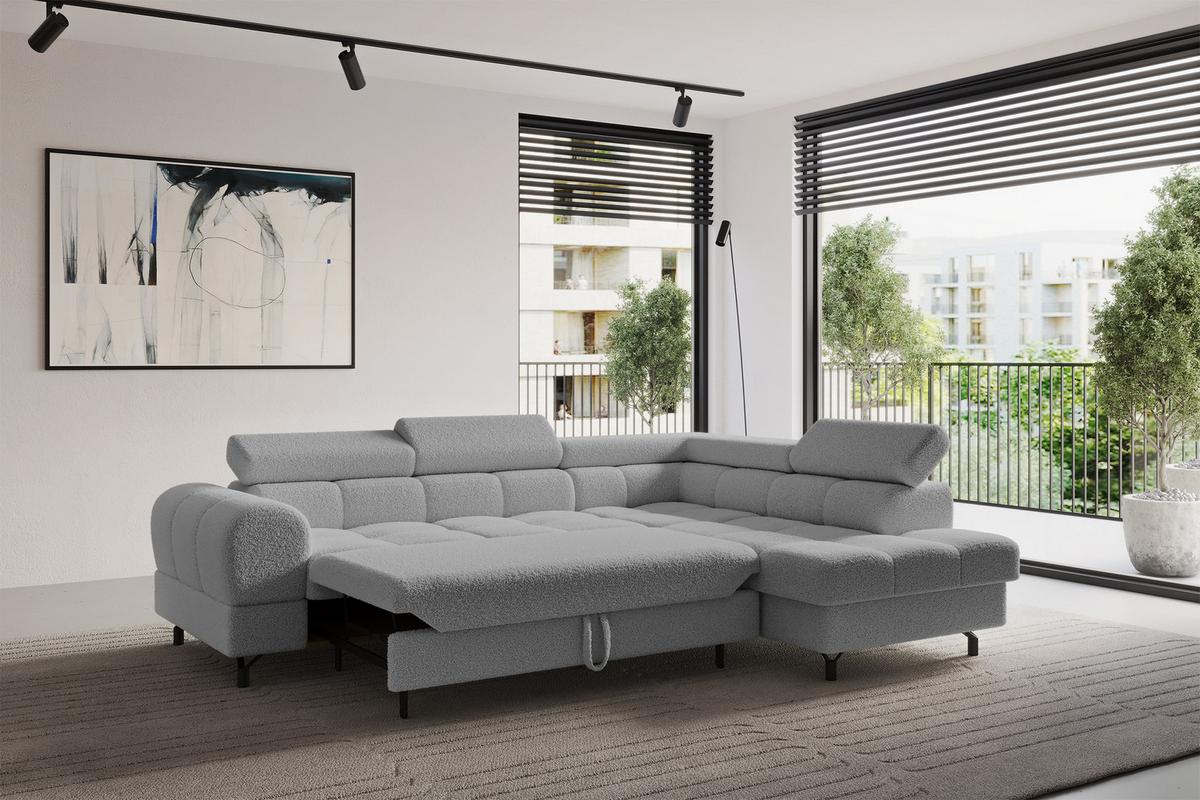 ECKSOFA mit Schlaffunktion Ottomane Rechts LUMA-L 272x203x70 Hellgrau Bouclé - Hellgrau/Schwarz, Holzwerkstoff/Kunststoff (203/272cm) - ALTDECOR